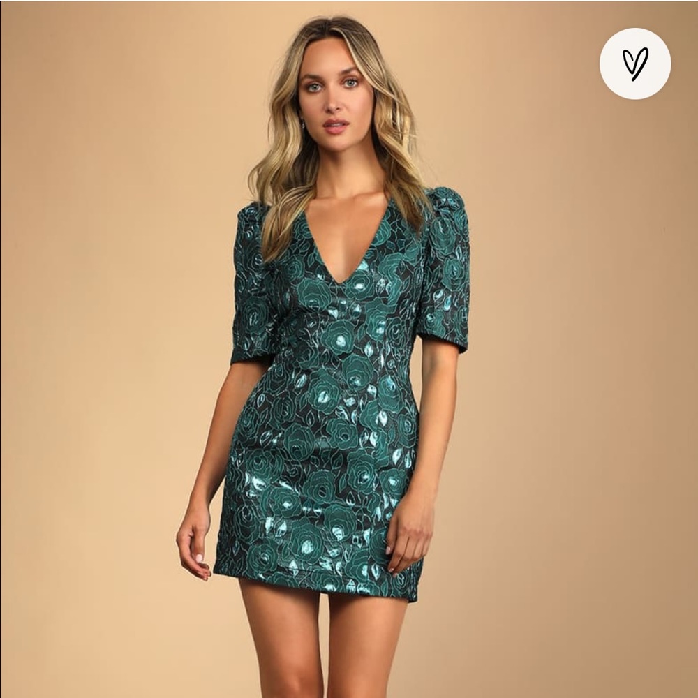 Lulus Extravagant Party Shiny Teal Floral Jacquard Bodycon Dress  puff sleeve